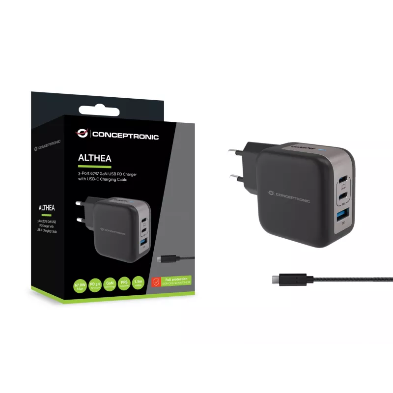 Conceptronic 3-poorts 67W GaN USB PD oplader met USB-C oplaadkabel, USB-C x 2, USB-A x 1, QC 3.0, PPS