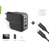 Conceptronic 3-poorts 67W GaN USB PD oplader met USB-C oplaadkabel, USB-C x 2, USB-A x 1, QC 3.0, PPS