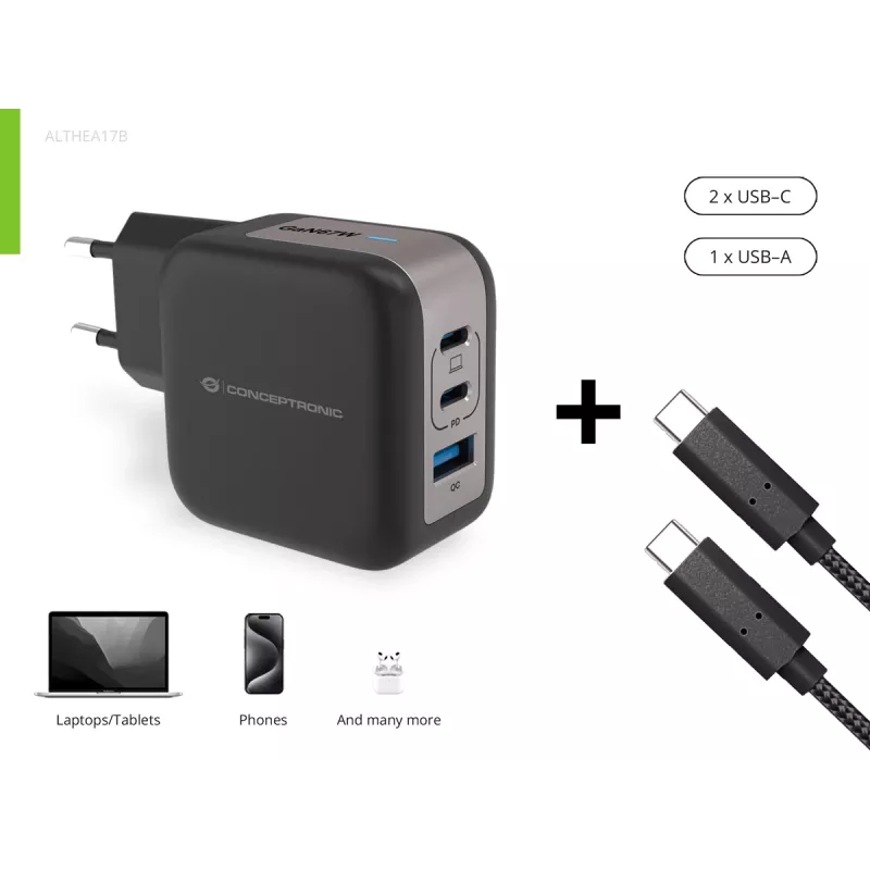 Conceptronic 3-poorts 67W GaN USB PD oplader met USB-C oplaadkabel, USB-C x 2, USB-A x 1, QC 3.0, PPS