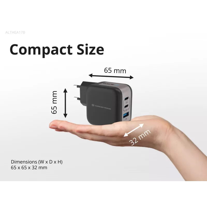 Conceptronic 3-poorts 67W GaN USB PD oplader met USB-C oplaadkabel, USB-C x 2, USB-A x 1, QC 3.0, PPS