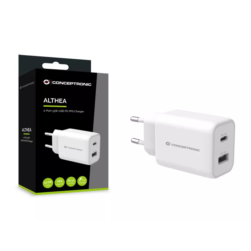 Conceptronic ALTHEA 2-poorts 33W USB PD PPS lader, QC 3.0