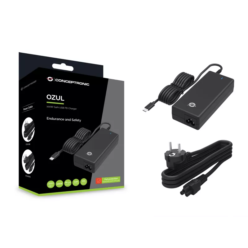 Conceptronic OZUL03BE 100W GaN desktop-USB-PD-lader, universeel, indoor, 100–240 V, 50–60 Hz, 100 W, 5–20 V