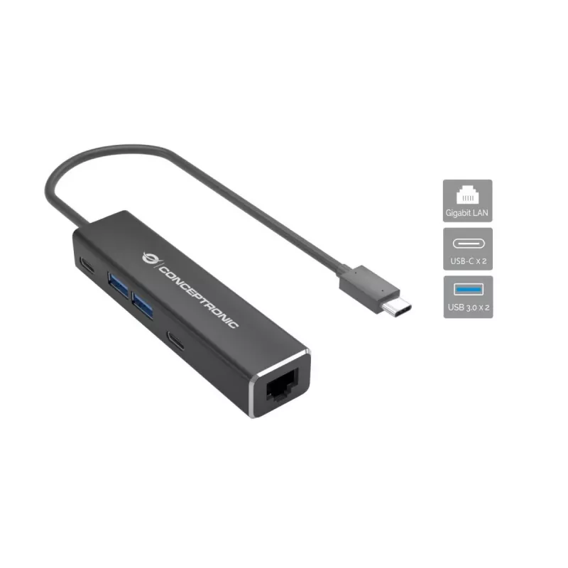 Conceptronic ABBY13B Gigabit Ethernet USB 3.2 Gen 1 adapter met USB-hub, GbE, USB-A x 2, USB-C x 2