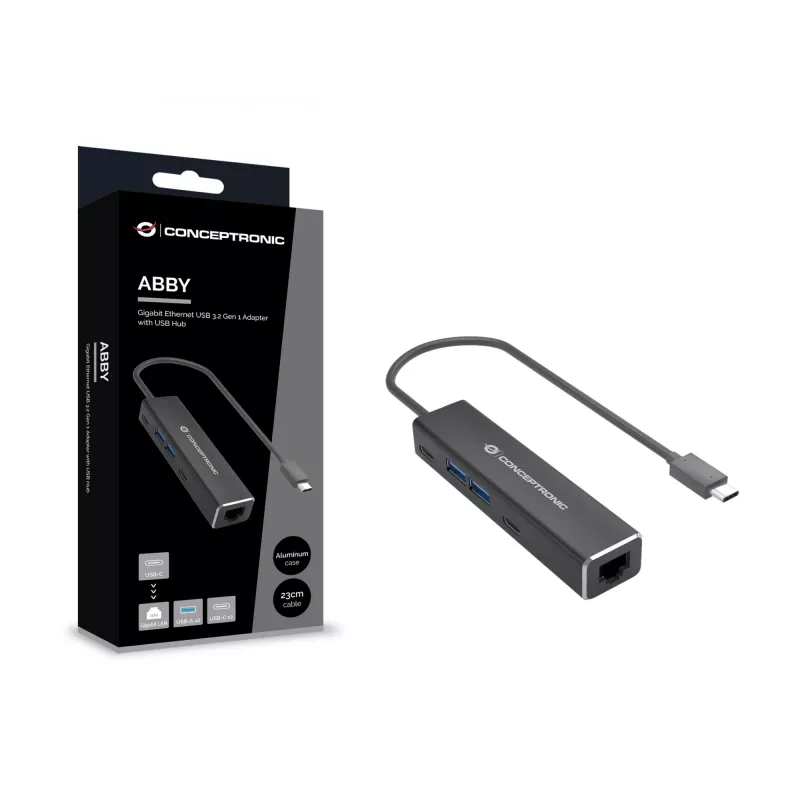 Conceptronic ABBY13B Gigabit Ethernet USB 3.2 Gen 1 adapter met USB-hub, GbE, USB-A x 2, USB-C x 2