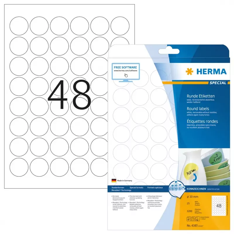 Zelfklevende etiketten HERMA herbruikbaar A4 Ø 30 mm 1200 stuks