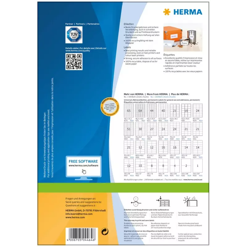 Zelfklevend printeretiket HERMA Labels Premium A4 70x37 mm