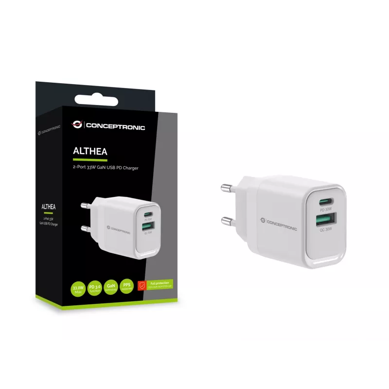 Conceptronic ALTHEA19W33 2-poorts 33W GaN USB PD oplader, USB-C x 1, USB-A x 1, QC 3.0, PPS, PD 3.0