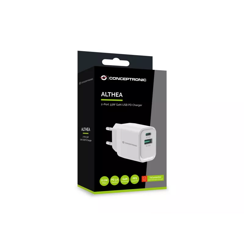 Conceptronic ALTHEA19W33 2-poorts 33W GaN USB PD oplader, USB-C x 1, USB-A x 1, QC 3.0, PPS, PD 3.0