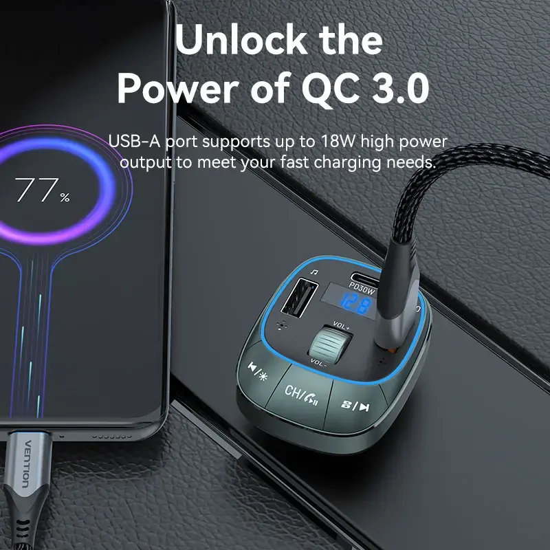 Autolader Vention 3-poorts USB (USB-C + 2× USB-A) 30W/18W/5W zwart