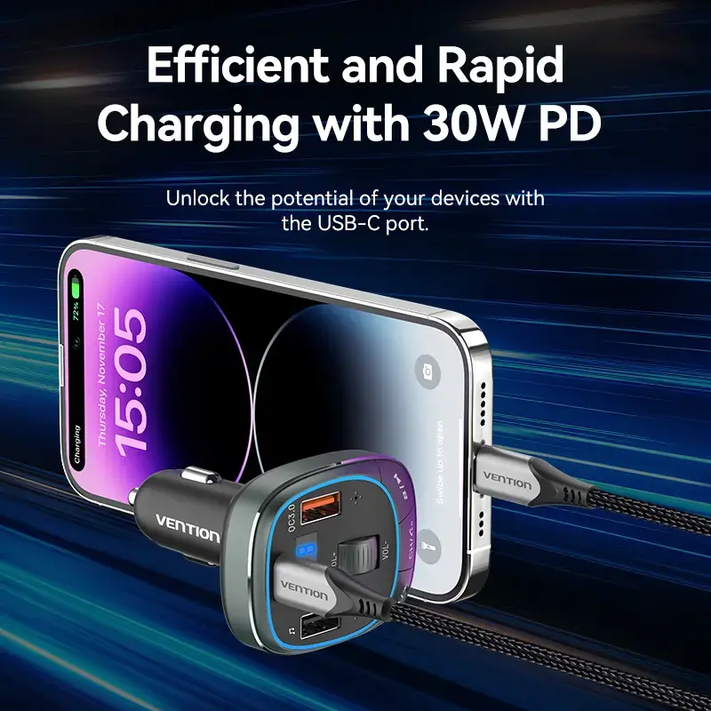 Autolader Vention 3-poorts USB (USB-C + 2× USB-A) 30W/18W/5W zwart
