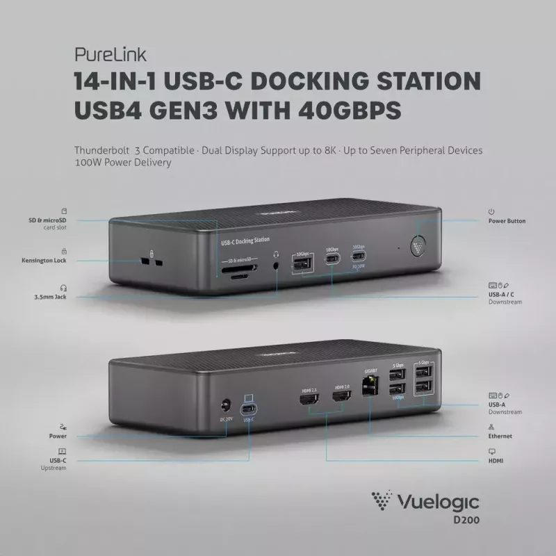 Laptop-dock PureLink VL-D200 bedraad grijs USB Power Delivery HDMI 2.0