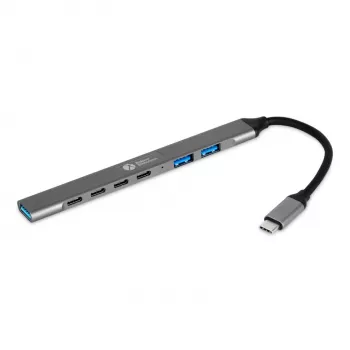 USB-C hub 7-in-1 BakkerElkhuizen BNECHUB3A4C — 7 aansluitingen (USB 3.2 Gen1 A, USB 3.2 Gen1 C, USB 2.0), aluminium behuizing, grijs/zwart