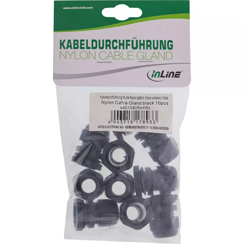 Kabelwartel InLine 44012B nylon IP68 voor kabel Ø6–12 mm, zwart, 10-pack