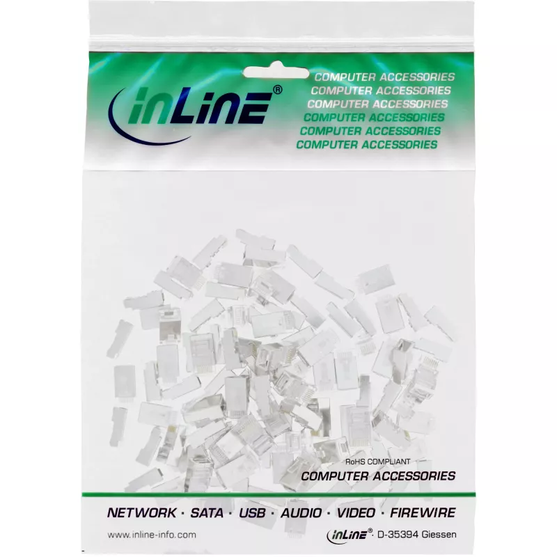 Stekker 8P8C RJ45 male afgeschermd voor ronde kabel, InLine, 10-pack, zilver