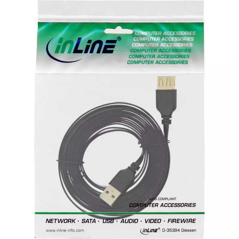 InLine USB 2.0 platte kabel Type-A stekker / bus goud gecoat zwart 0,5 m