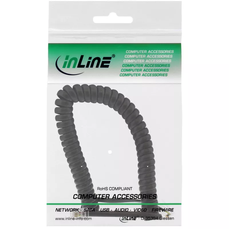 InLine spiraalkabel RJ10 direct bedraad stekker / stekker, zwart, tot 2m