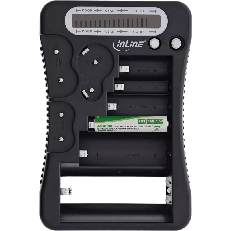 Batterijtester InLine 01285 met LCD-display voor ronde en knoopcelbatterijen