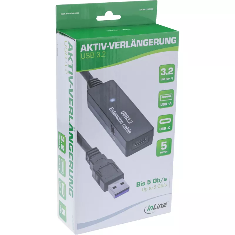 InLine USB 3.2 Gen.1 actieve verlengkabel, USB-A stekker naar USB-C bus, 5m