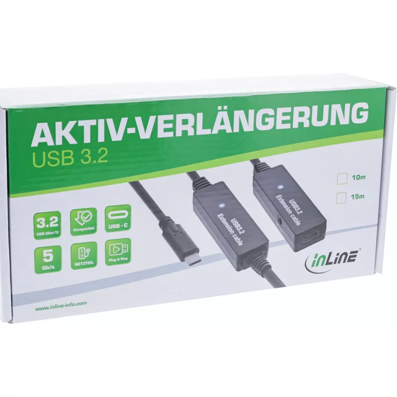 InLine USB 3.2 Gen.1 actieve verlengkabel, USB-C stekker naar USB-C bus, 10 m