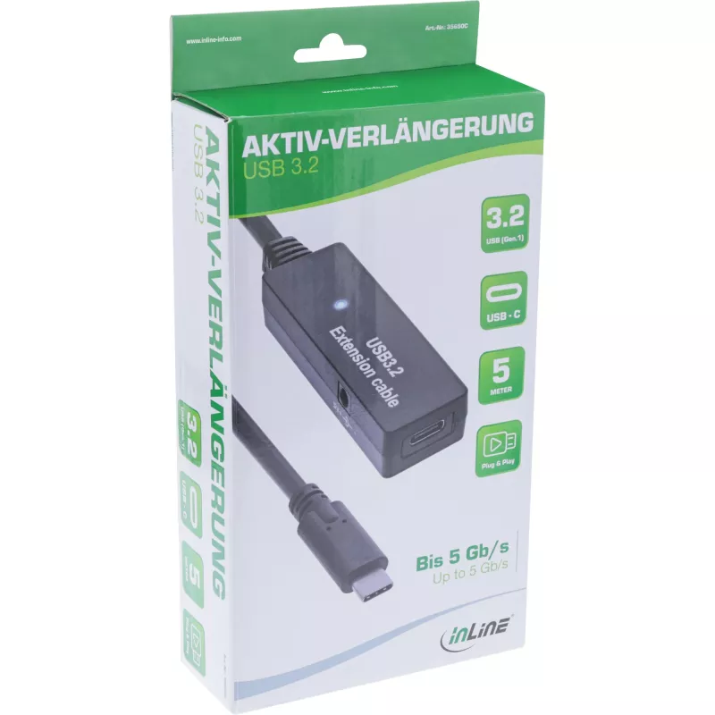 InLine USB 3.2 Gen.1 actieve verlengkabel, USB-C stekker naar USB-C bus, 5m