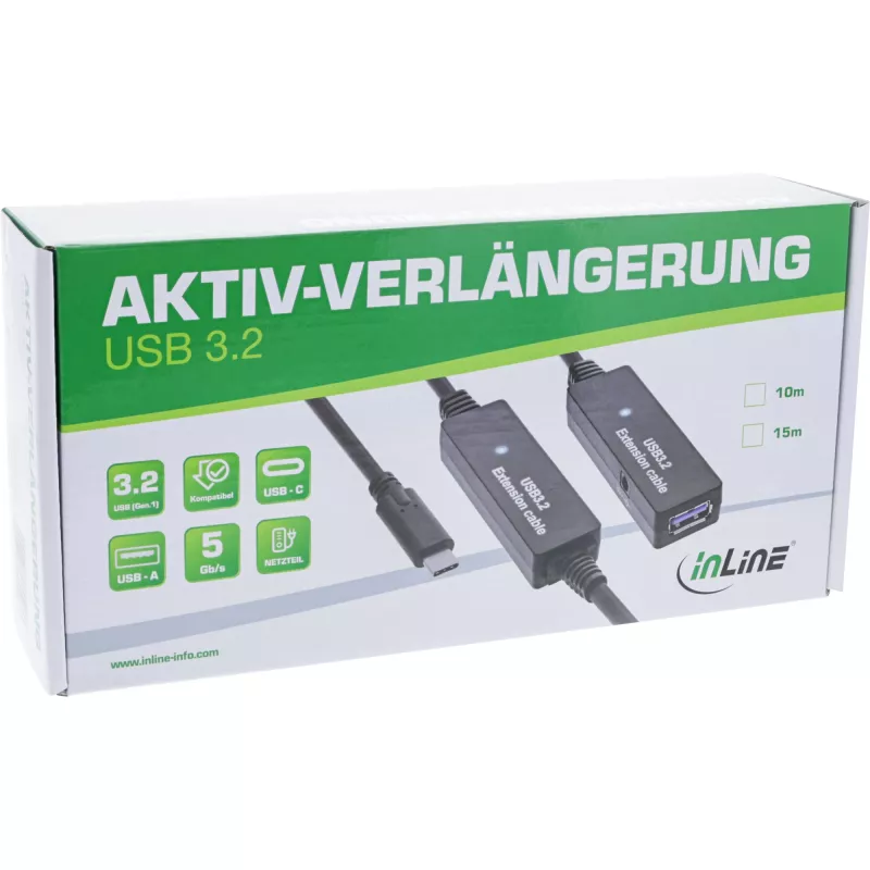 InLine USB 3.2 Gen.1 actieve verlengkabel, USB-C stekker naar USB-A bus, 10 m