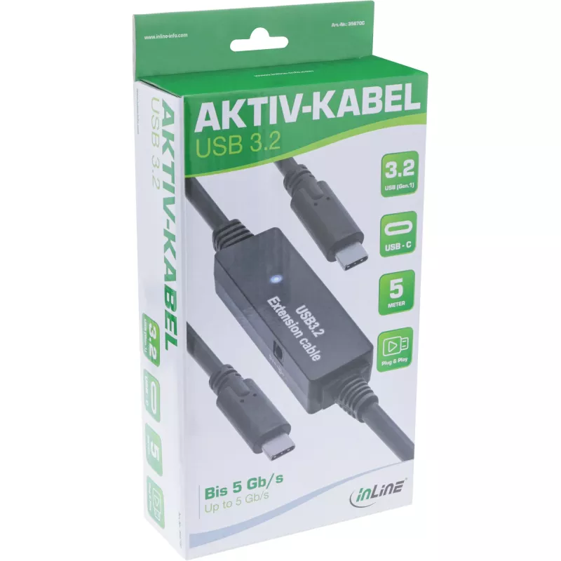 InLine USB 3.2 Gen.1 actieve kabel, USB-C stekker naar USB-C stekker, 5m