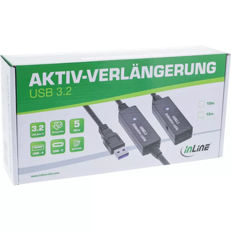 InLine USB 3.2 Gen.1 actieve verlengkabel, USB-A stekker naar USB-C bus, 15m