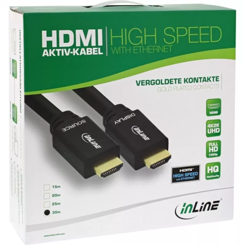InLine , actieve High Speed HDMI-kabel met Ethernet, M/M, zwart, vergulde contacten, 30 m