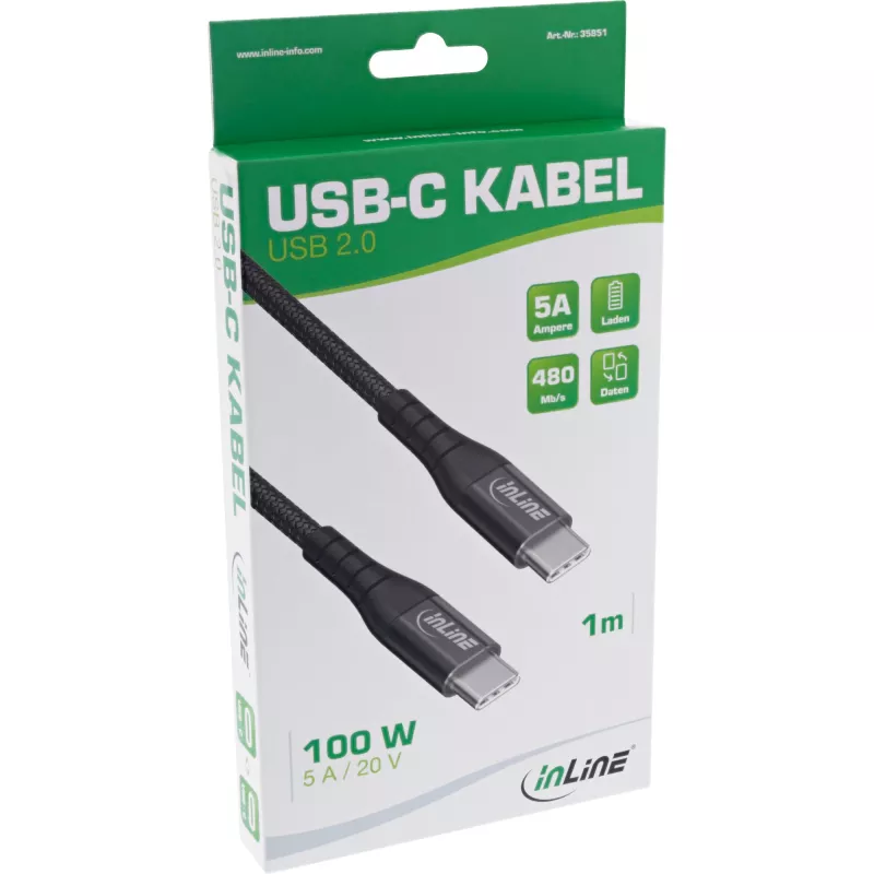 InLine USB 2.0-kabel USB-C stekker/stekker 100W snellaadkabel 1m