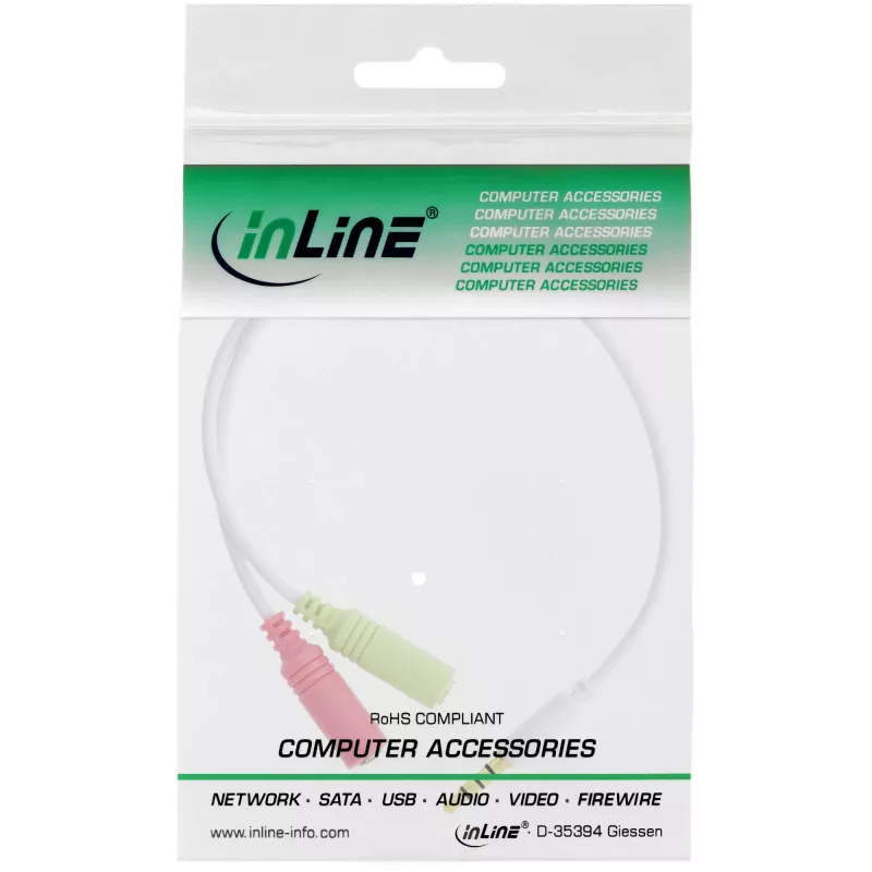 InLine audio-headset-adapterkabel 3,5 mm stekker 4-polig / 2x 3,5 mm wit 0,15 m
