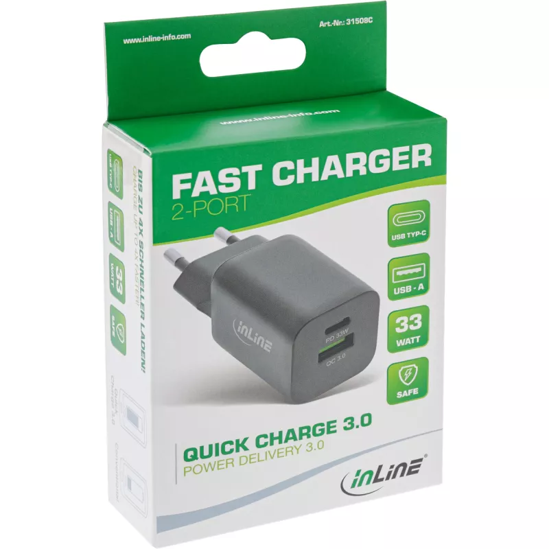 InLine USB-voeding oplader USB-A + USB Type-C 33W PD + QC