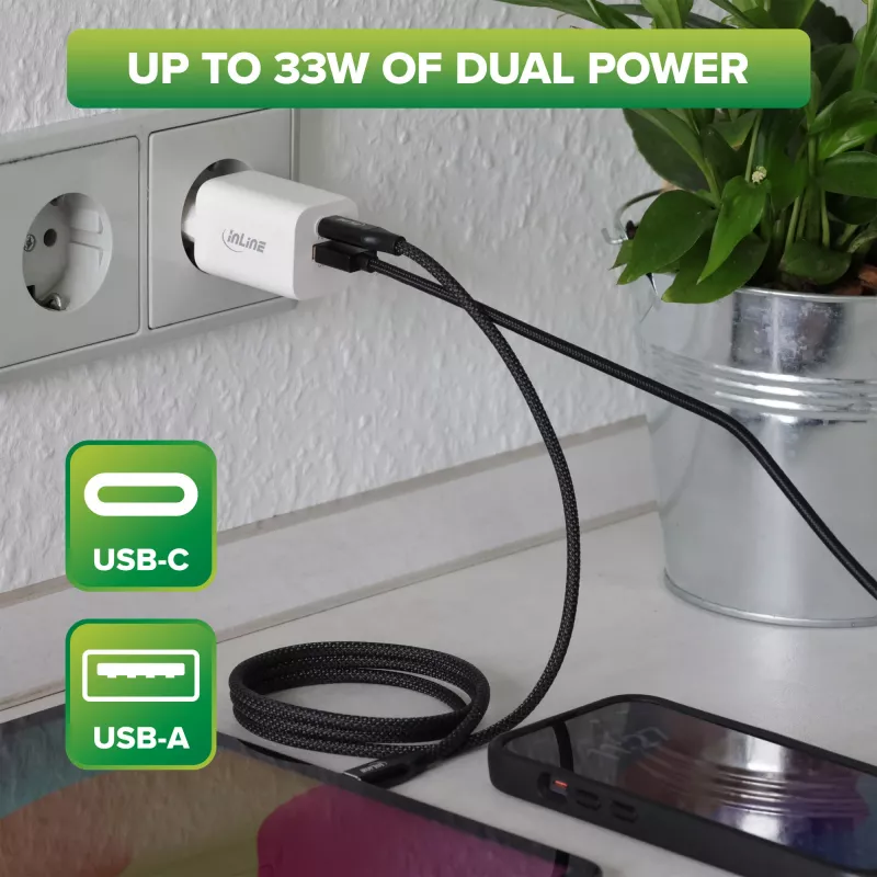 InLine USB-voeding oplader USB-A + USB Type-C 33W PD + QC