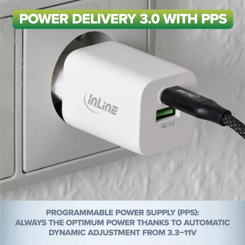 InLine USB-voeding oplader USB-A + USB Type-C 33W PD + QC