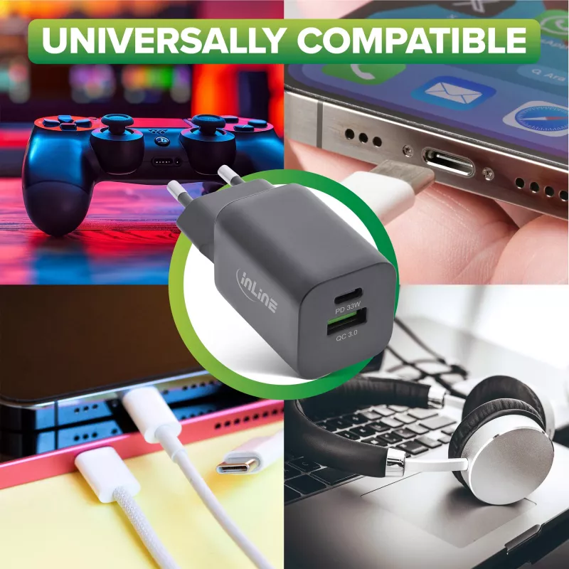 InLine USB-voeding oplader USB-A + USB Type-C 33W PD + QC