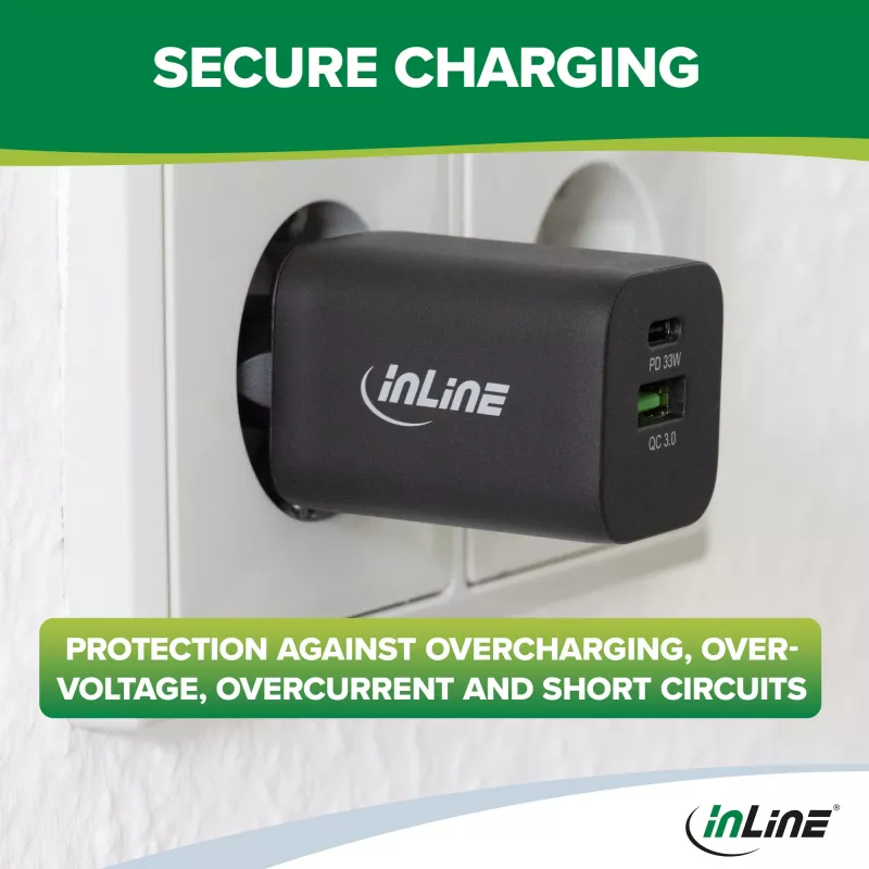InLine USB-voeding oplader USB-A + USB Type-C 33W PD + QC