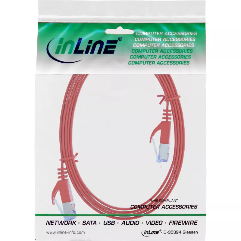 InLine platte patchkabel, U/FTP, Cat.6A, rood, 3m