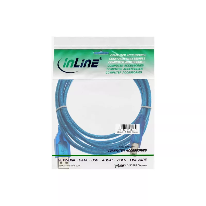 InLine USB 2.0-kabel Type-A stekker / Type-B blauw transparant 3m