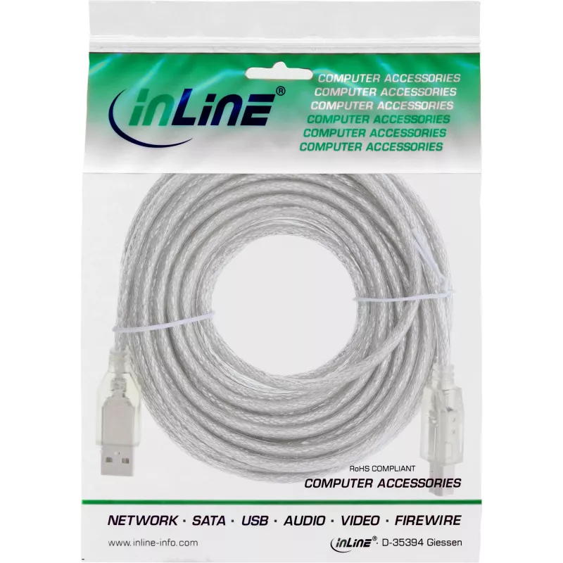 USB 2.0-kabel Type-A mannelijk / B mannelijk InLine 34557T 7m transparant