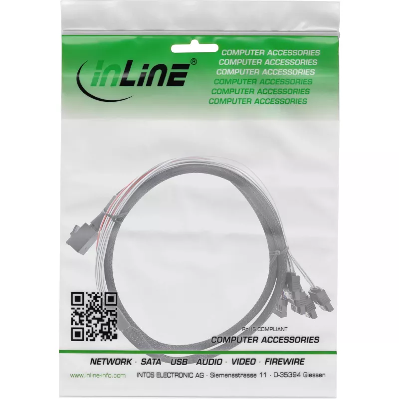InLine Mini SAS HD-kabel SFF-8643 naar 4x SATA + sideband 0,5m
