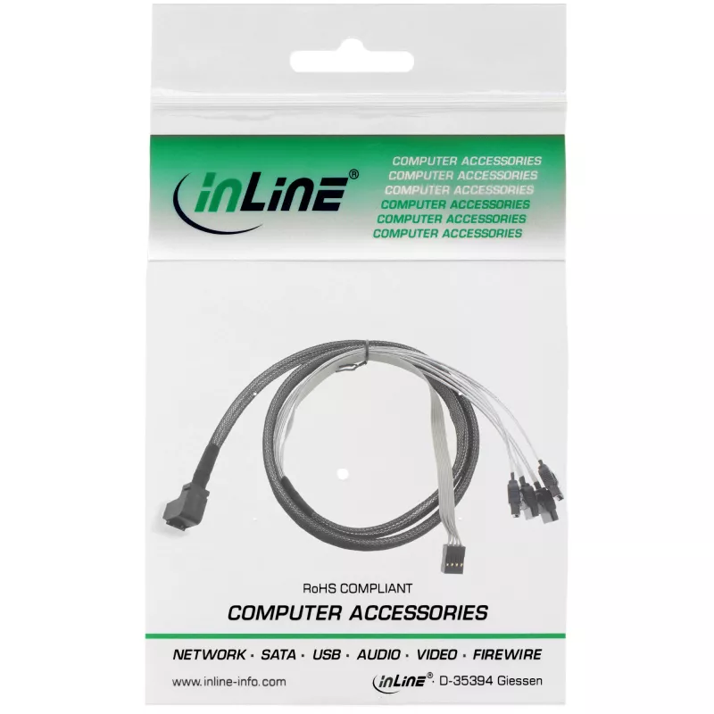 InLine Mini SAS HD-kabel SFF-8643 haaks naar 4x SATA + sideband 0,5 m