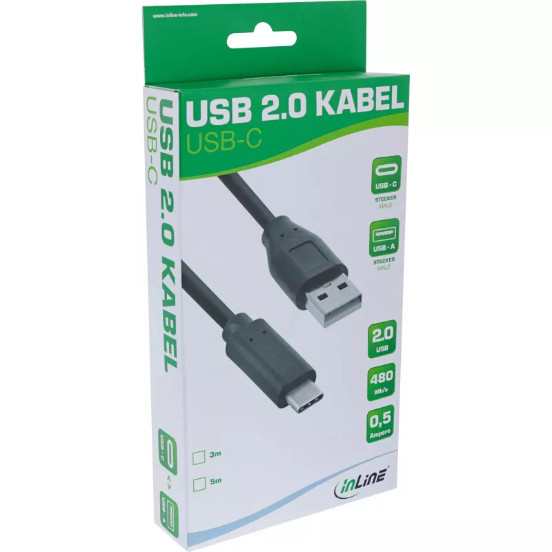 InLine USB 2.0-kabel, USB-C-stekker / USB-A-stekker, zwart, 5m