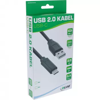 InLine USB 2.0-kabel, USB-C-stekker / USB-A-stekker, zwart, 3m