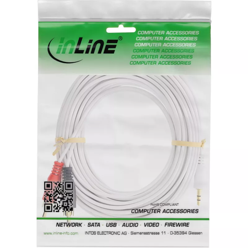 InLine 2x RCA-kabel stekker / 3,5 mm stekker wit/goud 10 m