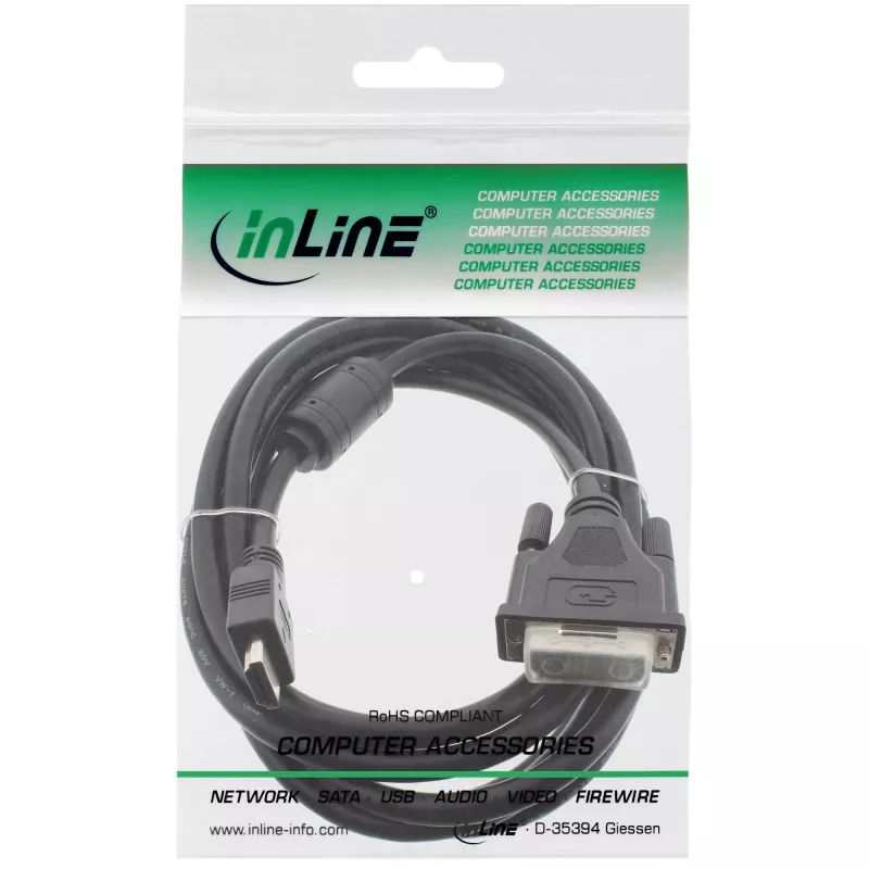 InLine HDMI-DVI-kabel 19-pins stekker / 18+1 stekker + ferrietkern zwart 1,5m