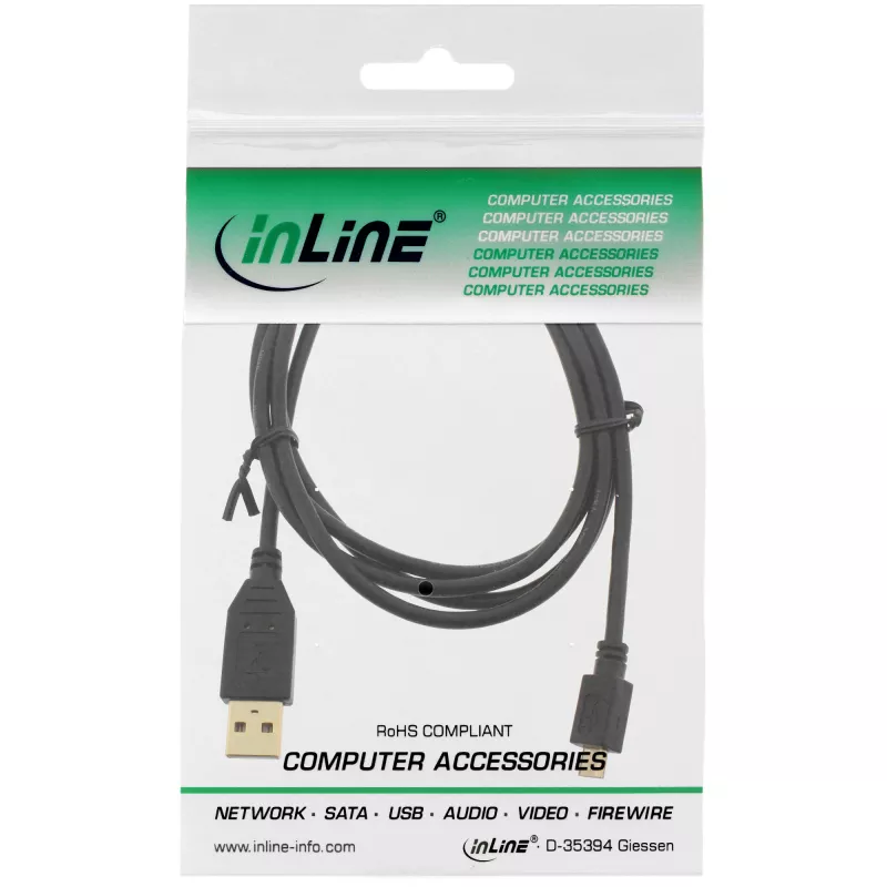 InLine Micro-USB 2.0-kabel, USB-A stekker / Micro-B stekker, zwart, 0,3 m