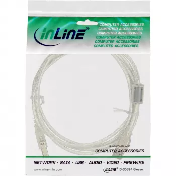 InLine USB 2.0-kabel type A stekker / B stekker transparant, ferrietkern, 0,3 m
