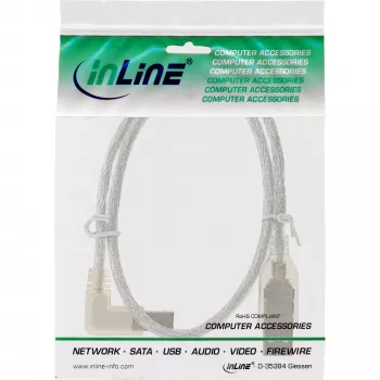 InLine USB 2.0-kabel links haaks type A stekker / B stekker transparant 0,3 m