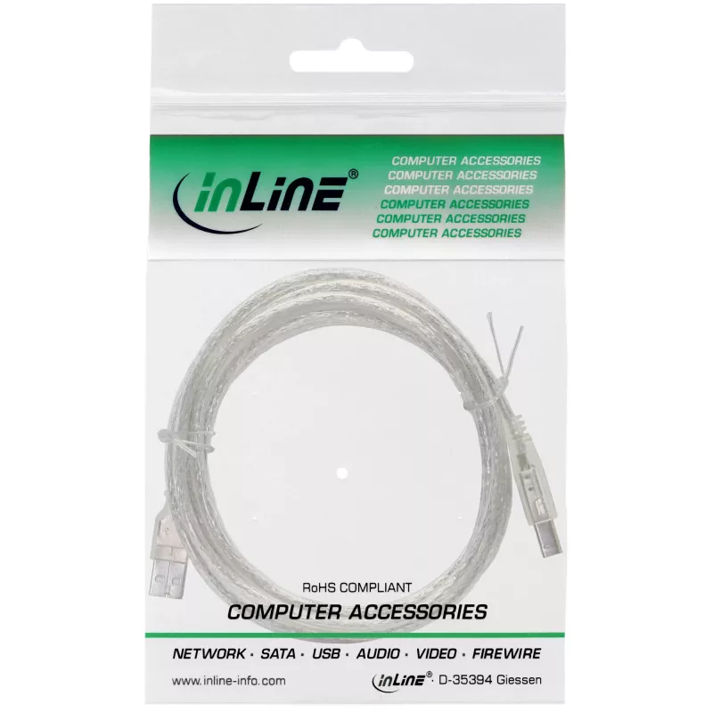 InLine USB 2.0-kabel type A stekker / B stekker, transparant, 0,3 m