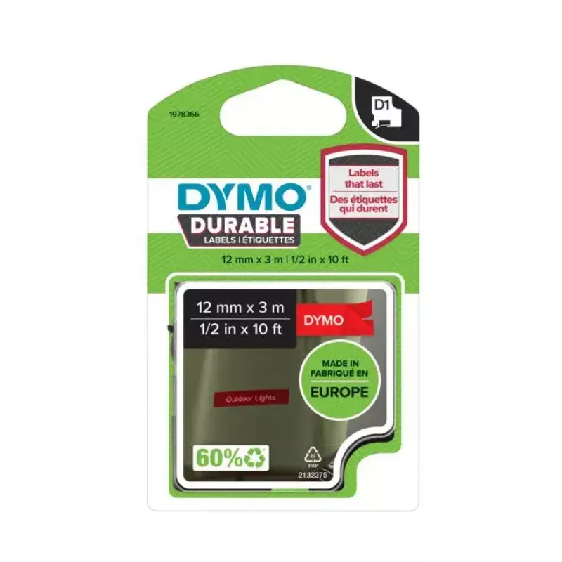 DYMO D1 1978366 Labeltape, wit op rood, 12 mm x 3 m
