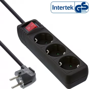 InLine stekkerdoos, 3-voudig randaarde CEE 7/3, met schakelaar, zwart, 3 m